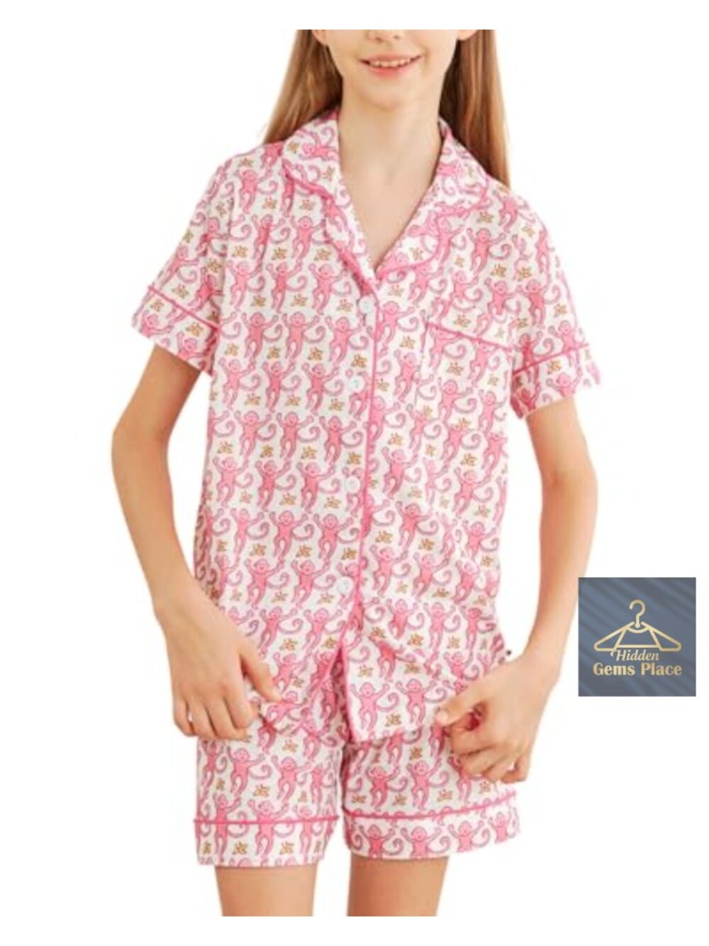Girls Monkey Print Pajama Set Button Down Sleepover Loungewear